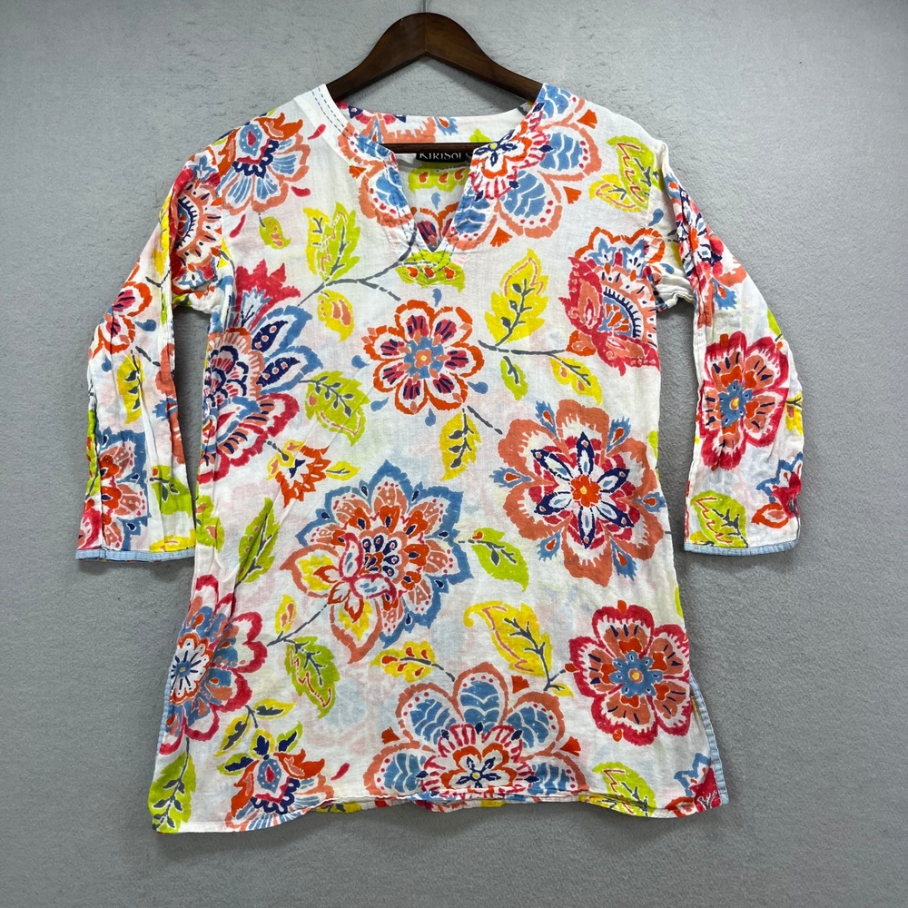KikiSol Tunic Top Womens M White Multicolor Floral Beachy Boho Resort Kurta